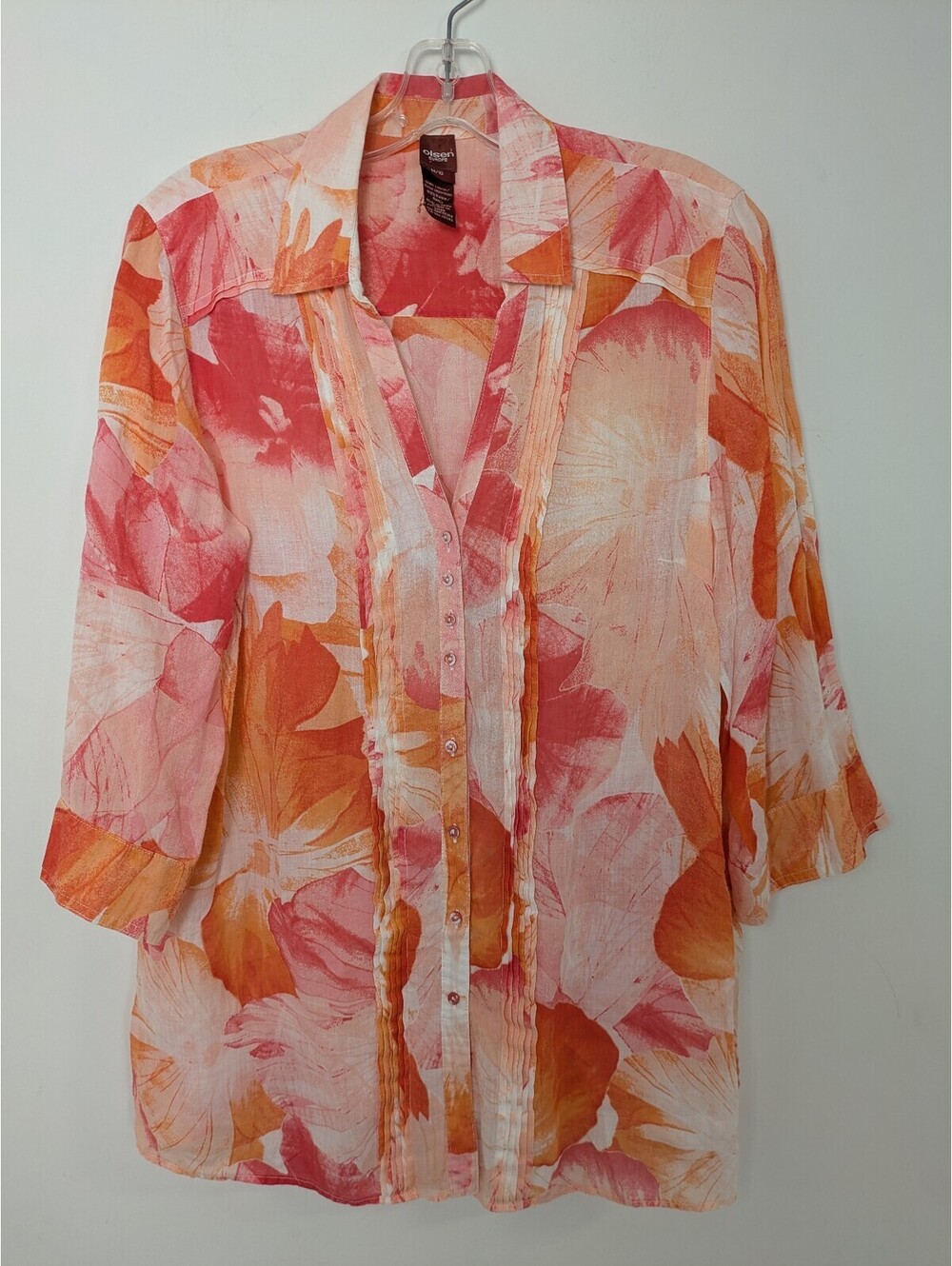 Olsen Europe 100% Ramie Floral Button Up Shirt Orange Pink Watercolor Tunic M 10